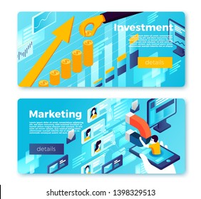 Vector set of bright banner templates with teamwork and money rising working process. With place for your text.