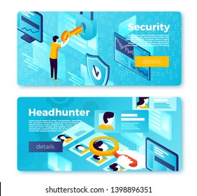 Vector set of bright banner templates with internet security system and head hunter working process. With place for your text.