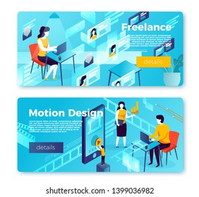 Vector set of bright banner templates with girl freelancer and motion design studio working process. With place for your text.