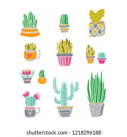 Vector set of bright cacti, aloe and leaves in pots. Collection of exotic plants. Decorative natural elements are isolated on white. Cactus with flowers.