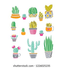Vector set of bright cacti, aloe and leaves in pots. Collection of exotic plants. Decorative natural elements are isolated on white. Cactus with flowers.