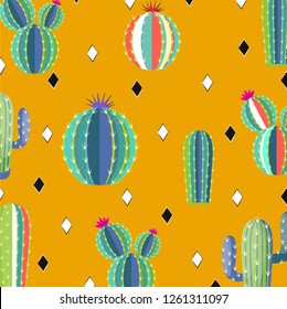 Vector set of bright cacti, aloe and leaves. Collection of exotic plants. Decorative natural elements are isolated on golden background. Backdrop. Cactus with flowers.