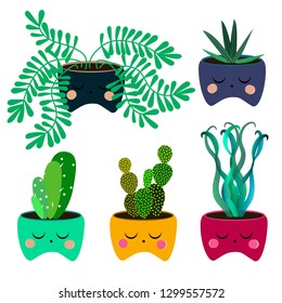 Vector set of bright cacti, aloe and leaves. Collection of exotic plants. Decorative natural elements are isolated on white. Cactus with flowers. - vector graphics