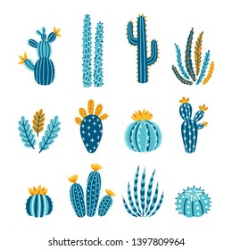 Vector set of bright cacti, aloe and leaves. Collection of exotic plants. Decorative natural elements are isolated on white. Cactus with flowers.