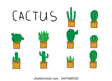 Vector set of bright cacti, aloe and leaves. Collection of exotic plants.