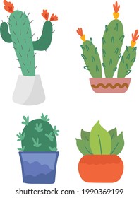 Vector set of bright cacti, aloe and leaves. Exotic plant collection. Decorative natural elements isolated on white. Cactus with flowers.