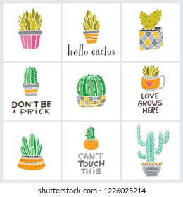 Vector set of bright cacti and leaves in pots with lettering. Collection of exotic plants. Decorative natural elements are isolated on white. Cactus with flowers.