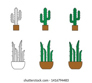 Vector set of bright cactus, aloe vera  Collection of exotic plants in 3 different variations.