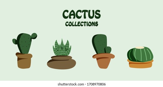Vector set of bright cactus. Collection of exotic plants. Decorative natural elements are isolated on green. 