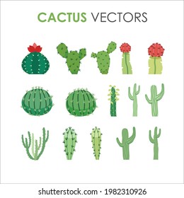 Vector set of bright cactus. Collection of exotic plants. Decorative natural elements are isolated on white. Cactus with flowers.