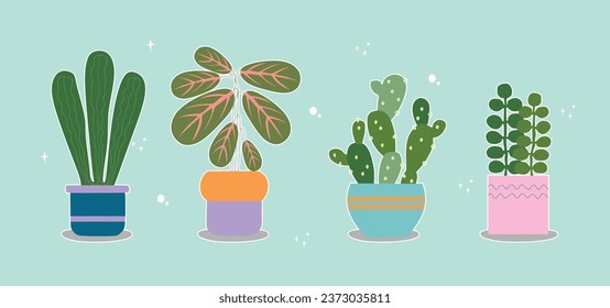 Vector set of bright cactus. Collection of exotic plants. Decorative natural elements are isolated on blue. Cactus with flowers.