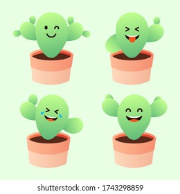 Vector set of bright cactus with cute emotion face, Collection of exotic plants. Decorative natural elements are isolated on white. Cactus with vase for fresh poster design illustration