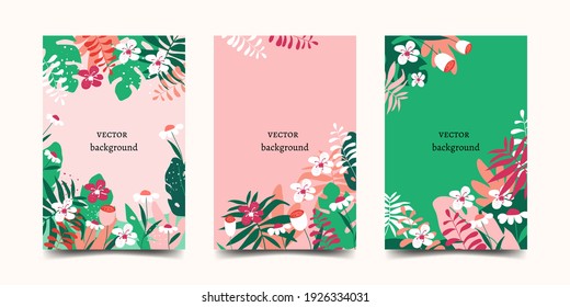 Vector set of bright cards with leaves and flowers. Templates for covers, social media, advertising and promotion. Place for text
