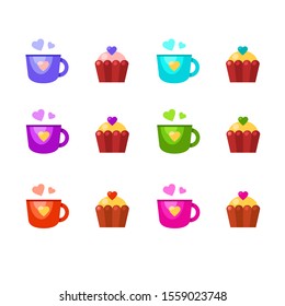 Vector set of bright cartoon cups and cupcakes. Cute colorful tasty food. Love tea with a muffin. Collection of mugs and cakes 