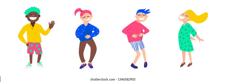 Vector set of bright and cheerful characteristic people. Women and men smile or laugh. Joyful girls and guys are in different poses and colourful clothes on a white background.

