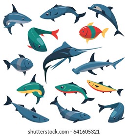 Vector set of bright color fish icons isolated on white background. Flat style design elements.