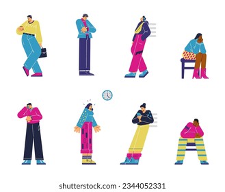 Vector set of bright color illustrations young men, women stand and wait. Sit on a chair, listen to headphones, look at watches and smartphones. Cartoon disproportionate character. Deadlines concept