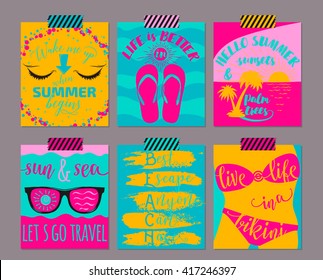 Vector set of bright color summer cards. Beautiful summertime posters with flip-flops, palm, swimsuit, sunset, sunglasses and hand written text. Journal cute backgrounds