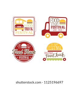 Vector set of bright colored logos for food truck festival. Creative emblems with burgers and vans. Design for sticker or promo flyer