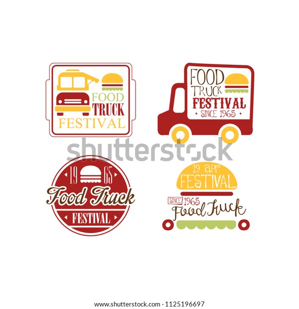 Vector set of bright colored logos for food truck\
festival. Creative emblems with burgers and vans. Design for\
sticker or promo flyer