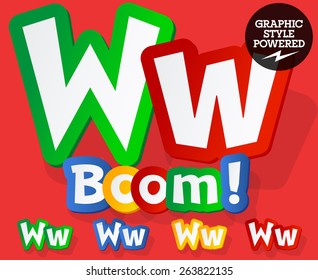 Vector set of bright colorful alphabet for children. Playful sticker font. Letter W