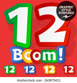 Vector set of bright colorful alphabet for children. Playful sticker font. Numbers 1 2