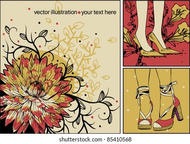 vector set of bright colorful cards with pretty legs in  fashion summer shoes and fantasy blooming flowers