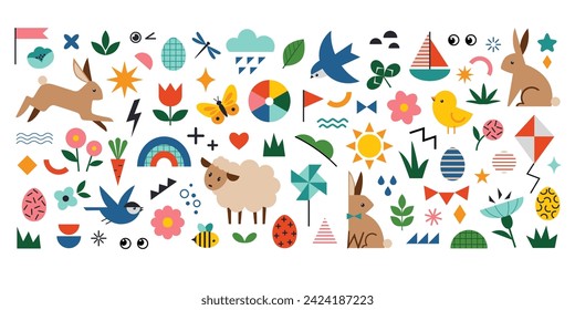 Vector set of bright colorful Easter characters, symbols, flowers and geometric shapes for spring Easter desing on white background.