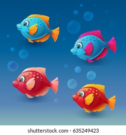 Vector set of bright colorful fish on a sea background. Beautiful children's illustrations of marine exotic fish