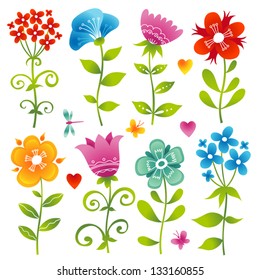 Vector set of bright colorful flowers, butterflies and dragonflies.