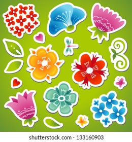 Vector set of bright colorful flowers, butterflies and dragonflies. Collection of items for scrapbooking