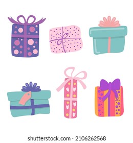 Vector set of bright, colorful holiday gifts. Gift boxes of different sizes and colors with bows and ribbons