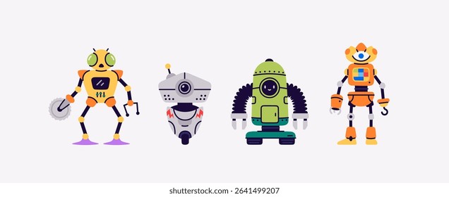 Vector set of bright and colorful robot parts. Unique elements to create fun and creative robots, perfect for design projects, kids’ games, educational materials, and imaginative construction kits.