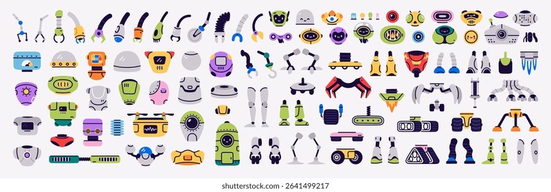 Vector set of bright and colorful robot parts. Unique elements to create fun and creative robots, perfect for design projects, kids’ games, educational materials, and imaginative construction kits.