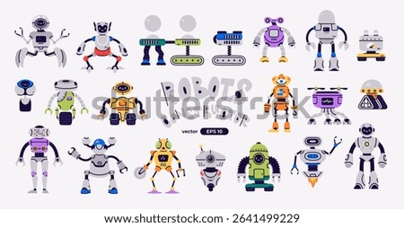 Vector set of bright and colorful robot parts. Unique elements to create fun and creative robots, perfect for design projects, kids’ games, educational materials, and imaginative construction kits.