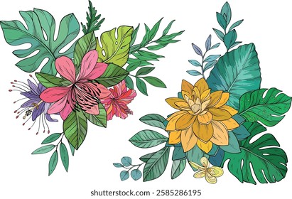 Vector set of Bright and colorful tropical flowers arranged with vibrant green leaves for a lively composition