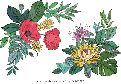 Vector set of Bright and colorful tropical flowers arranged with vibrant green leaves for a lively composition