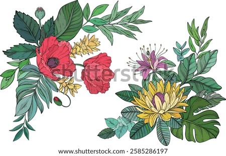 Vector set of Bright and colorful tropical flowers arranged with vibrant green leaves for a lively composition