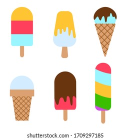 Conjunto vectorial de ilustraciones de helados brillantes y coloridos en estilo plano.