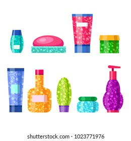 Vector set of bright cosmetic tubes with floral ornament. Cartoon bathroom bottles. Cute multicolored spa jars.
