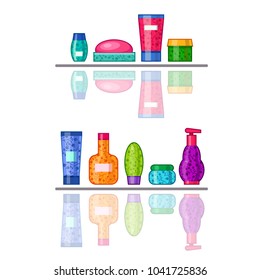 Vector set of bright cosmetic tubes with floral ornament on shelves with reflection. Cartoon bathroom bottles. Cute multicolored spa jars.