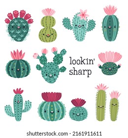 Vector set of bright cute cacti. Collection of exotic plants. Smiling caroon characters. Doodle natural elements are isolated on white. Funny cactus with flowers. Kids stickers