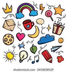 Vector set of bright cute doodle elements hand draw: rainbow, heart, crown, clouds, cup, gifts, pencil and light bulb