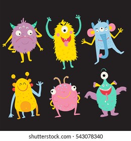 vector set of bright and cute monsters on dark background