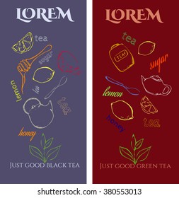 Vector set of bright design elements and icons for tea package