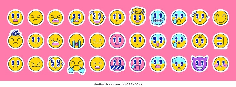 Conjunto vectorial de emoticones brillantes en estilo retro. Emoji de dibujos animados con contorno. Sencillas emociones vibrantes personajes tristes y furiosos. Etiqueta de sticker de iconos de época en estilo psicodélico