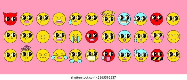 Vector set of bright emoji stickers in retro style. Cartoon emoji set with outline. Vintage icons sticker label in psychedelic style. Sad and angry characters