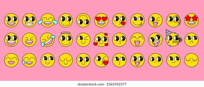 Vector set of bright emoji stickers in retro style. Cartoon emoji set with outline. Vintage icons sticker label in psychedelic style. Cheerful and loving characters