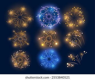 Vector set of bright fireworks in the form of a scattering of yellow, blue and star sparks. Illustrations highlighting the beauty and variety of decorative lights