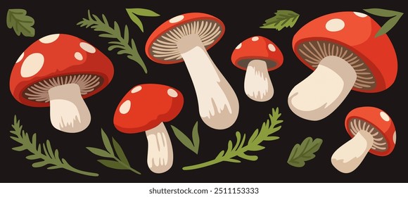 Vector set of bright fly agaric mushrooms and forest green branches on black background.